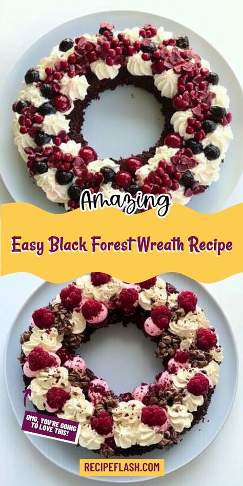 Celebrate dessert time with this Easy Black Forest Wreath Recipe! This charming wreath combines moist chocolate cake, ripe cherries, and fluffy cream for an unforgettable treat. Perfect for holidays or special occasions, this stunning dessert will leave everyone craving more. Make your gatherings memorable with this delightful creation! Pampered Chef Black Forest Cake, Black Forest Cake Pops, Black Forest Dessert, Black Forest Cake Decoration, Black Forest Trifle, Forest Wreath, Wreath Recipe, Black Forest Cheesecake, Black Forest Cake Recipe