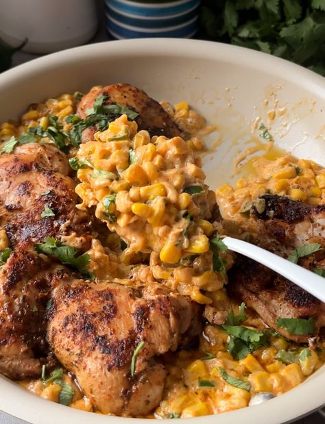 Chicken Thighs with Jalapeño Creamed Corn - Sammy Montgoms Dinner Chicken Thighs, 20 Minute Dinners, Creamed Corn Recipes, Cream Corn, Creamy Jalapeno, Drying Cilantro, Corn Chicken, Chicken Gnocchi Soup, Gnocchi Soup