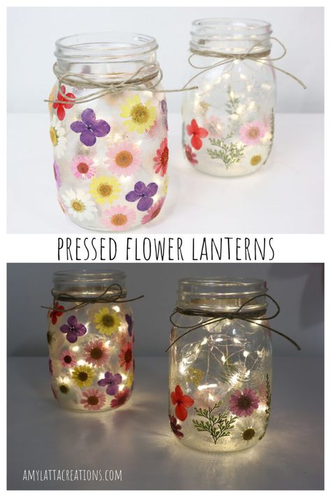 Pressed Flower Lanterns - Amy Latta Creations Pressed Flower Jars, Pressed Flower Lanterns, Coloured Fairy Lights, Pressed Flower Candles, Flower Jars, Dried Flower Candles, Flower Projects, Dried Flowers Diy, Tea Crafts