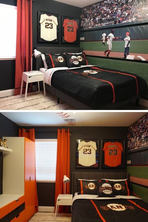 Sports Theme | Sf Giant | Cool Bedroom Ideas For Boys Boys Baseball Bedroom, Baseball Themed Bedroom, Sports Themed Bedroom, Sports Room Boys, Boy Sports Bedroom, Baseball Bedroom, Sport Bedroom, Boys Bedroom Makeover, Baseball Room