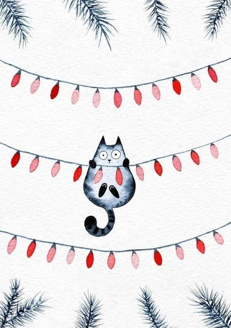 Cat Xmas Cards, Cat Christmas Cards Diy, Artist Christmas Cards, Cat Christmas Card Ideas, Christmas Cats Drawing, Christmas Cat Watercolor, Holiday Watercolor Paintings, Christmas Watercolour Card Ideas, Xmas Cards Illustration