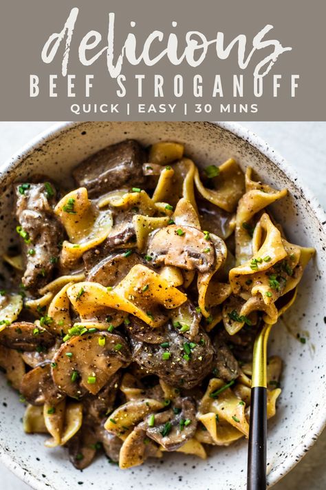 Easy Beef Stroganoff #beef #beefstroganoff #redwine #weeknightmeal #weeknightdinner #easydinner #30minutemeal #noodles #eggnoodles Beef Stroganoff Red Wine, Beef Stroganoff With Red Wine Recipe, Beef Stroganoff With Wine, Beef And Mushroom Stroganoff, Stroganoff Beef, Easy Beef Stroganoff, Best Beef Stroganoff, Fast Healthy Dinner, Red Wine Recipe