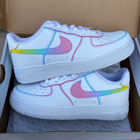 @moodsick_ 🤍 www.moodsick.etsy.com #nikeairforce1 #custom Rainbow Nikes, Rave Shoes, White Nike Air Force 1, Painted Shoes Diy, White Nike Air Force, Air Force 1 Sneakers, Water Rain, Rainbow Sneakers, White Nike Air