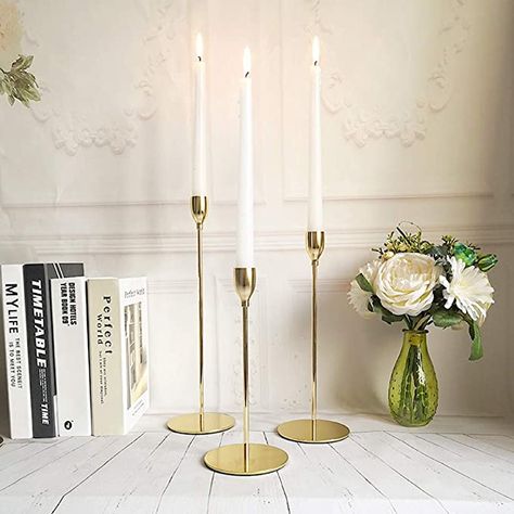 Tall Candle Holders Decor, Tall Gold Candle Holders, Tall Candle Stands, Dining Room Candle, Rose Gold Candle Holder, Gold Taper Candle Holders, Gold Taper Candles, Metal Candle Stand, Gold Candle Holder