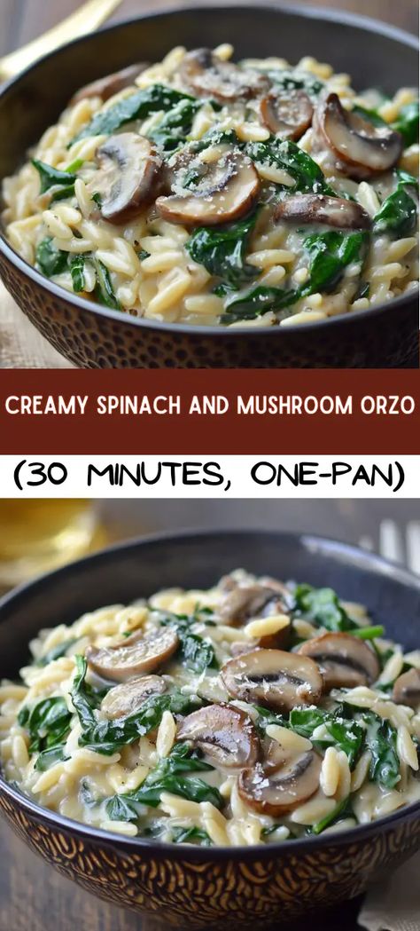 Creamy Spinach and Mushroom Orzo: A One-Pan Comfort Dish in Just 30 Minutes Spinach And Mushroom Recipes, Mushroom Orzo, Spinach And Mushroom, Mushroom Dish, Simple Green Salad, Small Pasta, Fresh Spinach, Creamy Spinach, Orzo Pasta