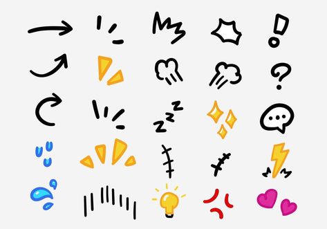 Cartoon Symbols, Sign Doodle, Doodle Art Emotion, Expression Doodle, Cute Cartoon Expressions, Drawing Elements, Effects Drawing Reference, Anime Elements, Emoticons Drawings