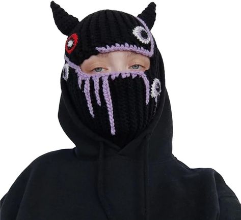 Knit Y2k Hat Cat Beanie with Devil Horn and Long Bunny Ear Crochet Shiesty Ski Mask Balaclava Grunge Accessories (Horn-Black+Purple) at Amazon Women’s Clothing store Ghost Hat, Knit Y2k, Y2k Hat, Grunge Accessories, Crochet Mask, Knitted Beanies, Halloween Costume Mask, Knitted Balaclava, Cat Beanie