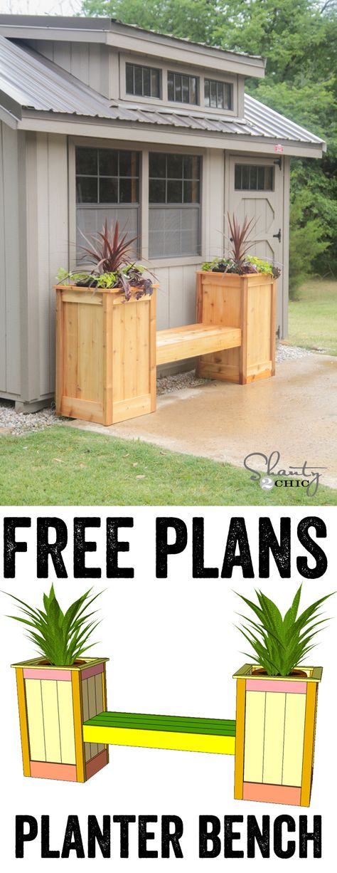 DIY Planter Box Bench Free Printable Plans... LOVE this!  Cheap too! www.shanty-2-chic.com Planter Box Bench, Porch Planter, Garden Bench Diy, Planter Bench, Diy Planter, Diy Planter Box, Diy Designs, Wooden Planter, Pallet Planter