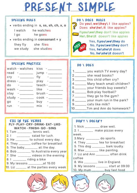 Present Simple Exercises, Present Simple Worksheet, English Classes For Kids, Simple Present, Spelling Rules, Spelling Practice, Grammar Practice, English As A Second Language (esl), English As A Second Language