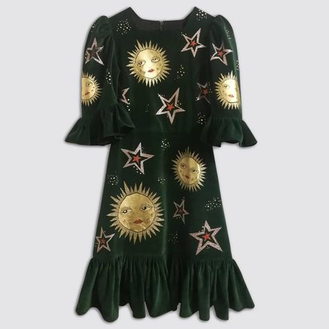 Mary Benson on Instagram: “✨🌞CELESTE🌞✨ Made from deadstock emerald green velvet and printed with magical suns and stars! This is a new version of the original Celeste…” Green Velvet Dress Short, Mary Benson, Flora Skirt, Prairie Dresses, Velvet Dress Short, Emerald Green Velvet, Dresses Beautiful, Green Velvet Dress, Sun And Stars