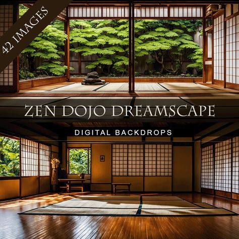 Experience the calm with our 'Zen Dojo Dreamscape' digital backdrop. An inspiring Japanese dojo overlooks a tranquil garden, bathed in gentle, peaceful lighting. Ideal for Photoshop projects that channel meditative moments and Eastern elegance. With 'Zen Dojo Dreamscape', every design becomes a serene sojourn! ✨INCLUDES✨ * 42✨DIGITAL IMAGES✨ backdrops! * Dimensions 5888 × 2816 * Resolution: 300 DPI * File Type : JPG * INSTANT DOWNLOAD * Will not contain Watermark * These are not real sets, they will look painterly, artsy and may look soft/unsharp around crown-molding edges or any flowers (look at picture samples before buying) ✨TERMS OF USE✨ By purchasing these digital files you accept the following terms and conditions: These digital designs are for personal and derivative use only and ma Zen House Interior Design, Zen House Interior, Japanese Dojo, Dojo Design, Dojo Ideas, Tranquil Garden, Zen House, Log Cabin Rustic, Japanese Style House