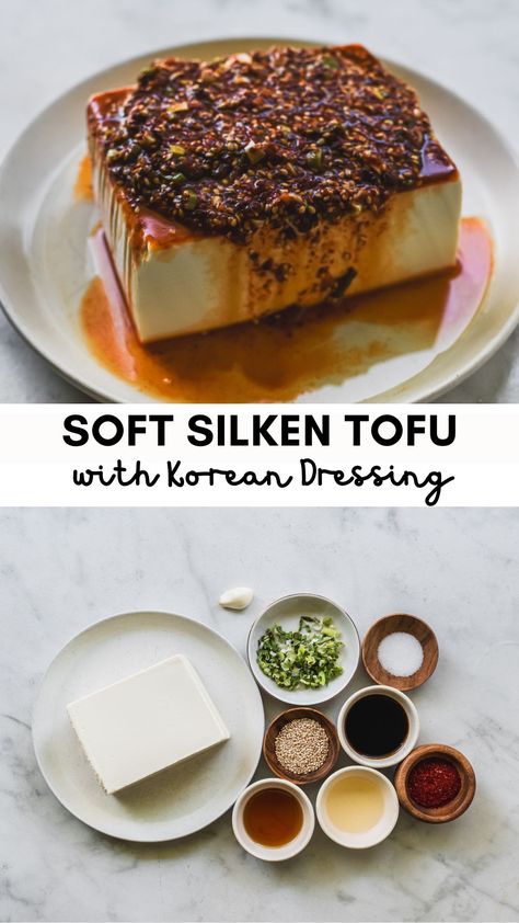 block of soft silken tofu with ingredients underneath Korean Silken Tofu, Soft Tofu Recipes, Eggplant Tofu Recipe, Korean Dressing, Bbq Spread, Silken Tofu Recipes, Korean Sauce, Tofu Sauce, Soft Tofu