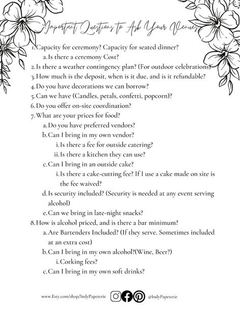 I created a list of 49 helpful questions to ask venues when planning your wedding. These are questions I asked my venue when touring and are important so you have a clear picture when comparing venues. Includes area for notes. Visiting venues can be stressful since there's a lot of information to compare, sometimes hidden costs, and it can be hard to come up with the right questions. I hope you find this resource helpful!

#wedding #planning #planner #venue #dress #bride #bridal #smallbusiness Outside Catering, Contingency Plan, Dress Bride, Venue Wedding, Indianapolis Indiana, Questions To Ask, Gift Store, Bride Bridal, Plan Your Wedding