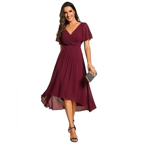 Perfect for a romantic garden wedding, this chic V neck high-low wedding guest dress is a delightful choice. The ruffled sleeves and pleated chiffon material add a touch of elegance, creating a whimsical look that's bound to impress. Formal Wedding Guest Dresses, Romantic Garden Wedding, Plus Size Formal, Pleated Chiffon, Romantic Garden, Wedding Guest Dresses, Ruffled Sleeves, Formal Wedding, Guest Dresses