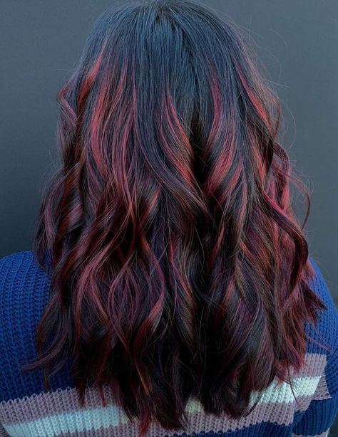 50 New Red Hair Ideas & Red Color Trends for 2020 - Hair Adviser Long Brown Hair Red Highlights, Dark Hair With Red Highlights, Hair With Red Streaks, Red Highlights On Black Hair, Hair Ideas Red, Pinkish Brown Hair, Pinkish Red Hair, Black Hair With Red Highlights, Red Hair Ideas