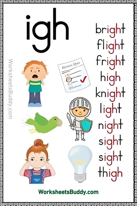 IGH Word Family Worksheets For Kindergarten Kids Phonics, Family Words, Phonics Posters, Word Family Worksheets, Learning Phonics, Kindergarten Reading Activities, Grammar For Kids, Kindergarten Reading Worksheets, Worksheets For Kindergarten