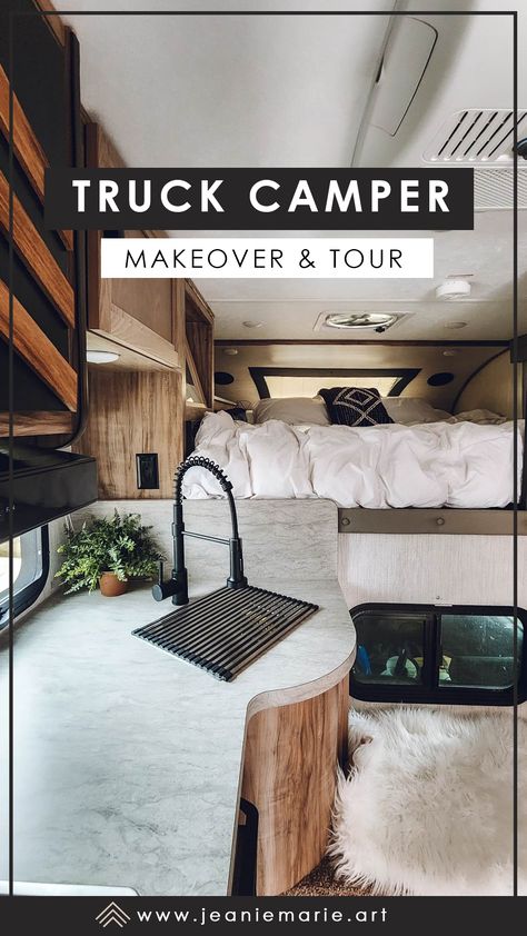 If you're searching for inspiration for your truck camper, look no further! Check out my complete truck camper tour, from the outside to the inside. You'll see how cozy and comfortable it is, making it the perfect home base for any camping adventure. Whether you're hitting the road for a weekend getaway or a long-term trip, my truck camper tour will give you plenty of ideas for creating your own comfortable and functional space. #vanlife #truckcamper #truckcamping Slide In Camper Remodel Interiors, Remodeled Truck Campers, Truck Campers Ideas, Truck Camper Organization, Slide In Truck Camper Remodel, Cab Over Camper Remodel, Truck Bed Camper Remodel, Truck Camper Makeover, Truck Camper Renovation