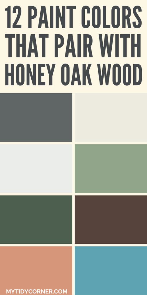 Collage of paint colors that go well with honey oak wood. Wood Stain And Paint Combinations, Purple Kitchen Walls Oak Cabinets, Paint Color Schemes With Honey Oak, Honey Oak Complimentary Colors, Wall Paint For Honey Oak Cabinets, Orange Hardwood Floors Paint Colors, Wood Floors With Honey Oak Cabinets, Behr Paint With Honey Oak, Paint Colors For Orange Wood Floors