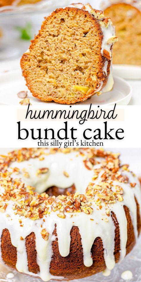 Hummingbird Bundt Cake is an easy Southern classic with a moist crumb, rich fruity flavor, and beautiful presentation!  Made with bananas, pineapple, pecans, and vanilla, and topped with a luscious cream cheese icing– every bite of this easy summer dessert is pure heaven! With its tender texture and sweet and tangy flavor, this cake is the perfect dessert for showers, parties, cookouts, and more! Hummingbird Bundt Cake, Summer Bundt Cake, Bundt Cake Icing, Summer Bundt Cake Recipes, Banana Bundt Cake Recipes, Banana Bundt Cake, Banana Cheesecake, Pumpkin Bundt Cake, Hummingbird Cake