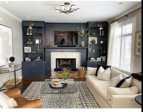 Blue Fireplace Wall Living Room, Period Living Room With Tv, Blue Georgian Living Room, Navy Living Room Media Wall, Media Wall Victorian House, Navy Media Wall, Built In For Dining Room, Victorian Living Room Alcove Shelves, Victorian Living Room Decor