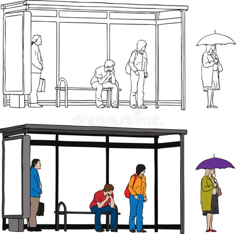 Bus stop. Vector sketch of bus stop with blank billboard and people waiting #Sponsored , #Ad, #Sponsored, #Vector, #Bus, #people, #sketch Waiting Illustration, Scene Outline, Vector Bus, Tractor Silhouette, Blank Billboard, Ship Silhouette, Tiger Vector, Airplane Vector, Business Logo Inspiration