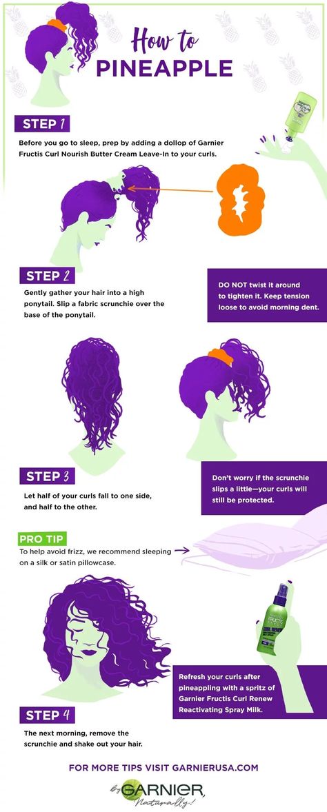 What is & How To Pineapple Hair - Curly Hair Tips - Garnier Hair Pineapple, Pineapple Hairstyle, 3a Curly Hair, Pineapple Hair, The Curly Girl Method, Hairstyle Long, Curly Hair Care Routine, Biracial Hair, Tangled Hair