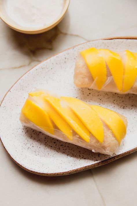 Rice Paper Ideas, Mango Coconut Sticky Rice, Freezer Desserts Recipes, Mango Sticky Rice Recipe, Coconut Sticky Rice, Unbound Wellness, Rice Wraps, Rice Rolls, Chocolate Dipped Fruit