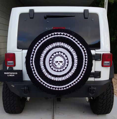 Ravelry: WarpSpeedLinda's Skull tire cover Crochet Jeep Tire Cover, Plastic Yarn, Knitting Quilt, White Jeep, Jeep Tire Cover, Blue Jeep, Crochet Skull, Crochet Car, Wrangler Accessories