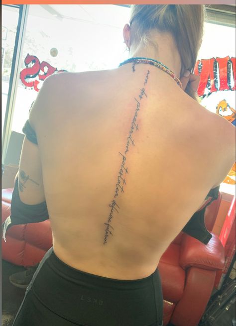 Feminine Back Tattoos Spine Quotes, Lyric Spine Tattoo, Spine Tattoo Qoute, Inspiring Quotes Spine Tattoo, Everything Is As It Should Be Tattoo Spine, Spine Tattoo Quotes, Latin Tattoo, Spine Tattoo, Everything Happens For A Reason