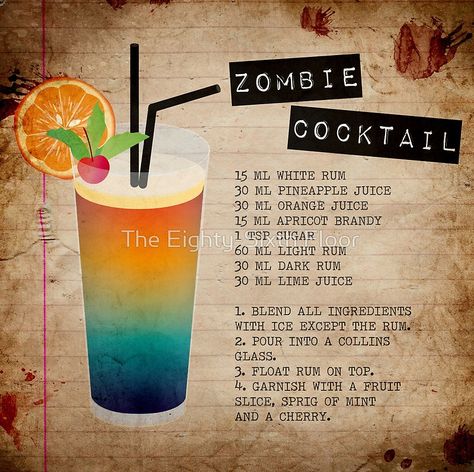 Zombie Cocktail Recipe Zombie Drink Recipe, Zombie Drink, Zombie Cocktail, Cocktail Drinks Alcoholic, Mixed Drinks Alcohol, Yummy Alcoholic Drinks, Liquor Drinks, Boozy Drinks, Drinks Alcohol