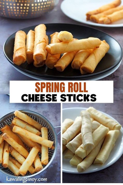 Cheese Sticks Recipe, Cheese Roll Recipe, Kawaling Pinoy, Vegetarian Spring Rolls, Fried Steak Recipes, Fried Spring Rolls, Crispy Cheese, Chinese Dessert, Italian Appetizers