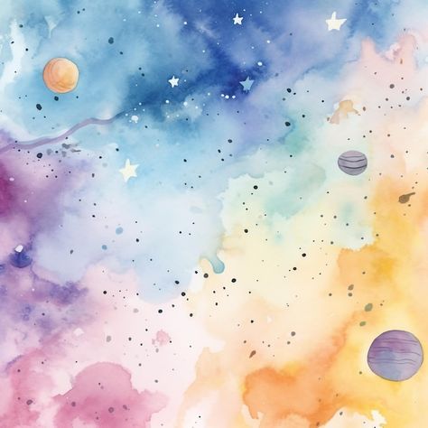 Watercolor painting of planets and stars... | Premium Photo #Freepik #photo #space #galaxy #space-wallpaper #cosmos Space Themed Art, Planets Painting, Ideas Portadas, Watercolor Stars, Space Watercolor, Cosmos Space, Planets And Stars, Space Theme Party, Galaxy Colors