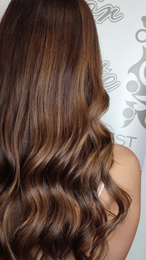 A glossy , golden Brown with caramel Highlights Carmel Brown Hair Color Caramel, Carmel Brown Hair Color, Glossy Brown Hair, Medium Golden Brown Hair Color, Carmel Brown Hair, Brown With Caramel Highlights, Medium Golden Brown, Golden Brown Hair Color, Golden Brown Hair