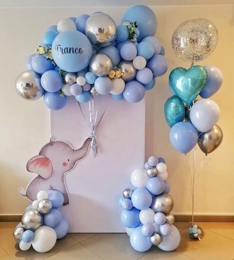 Baby Boy Elephant Shower Ideas, Elephant Birthday Decorations, Elephant Birthday Cakes, Baby Shower Balloon Arch, Peanut Baby Shower, Baby Boy Decorations, Elephant Baby Shower Boy, Baby First Birthday Cake, Wedding Car Decorations