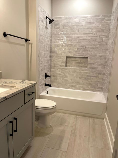 Basement Full Bathroom Ideas, Ivory Tile Bathroom, Small Kids Bathroom Ideas, Tub Insert, Restroom Remodel, Small Full Bathroom, Guest Bathroom Remodel, Bathroom Makeovers, Full Bathroom Remodel