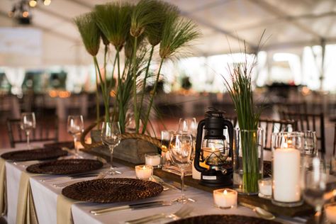 How One Gala Took Guests on Safari | BizBash Grass Centerpieces, Event Planning Board, Gala Centerpieces, Event Design Ideas, African Safari Theme, Non Floral Centerpieces, Grass Centerpiece, Gala Decorations, Safari Wedding