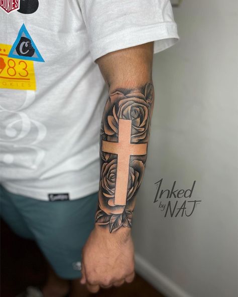 Cross And Family Tattoo, Forearm Tattoo Men Sleeve Cross, Forarm Tattoos Cross, Angle Wing Tattoos Men Forearm, Front Forearm Tattoos Men, Cross Arm Tattoo Women, Roses With Cross Tattoo, Cross Forearm Tattoo Men, Forearm Cross Tattoo Men