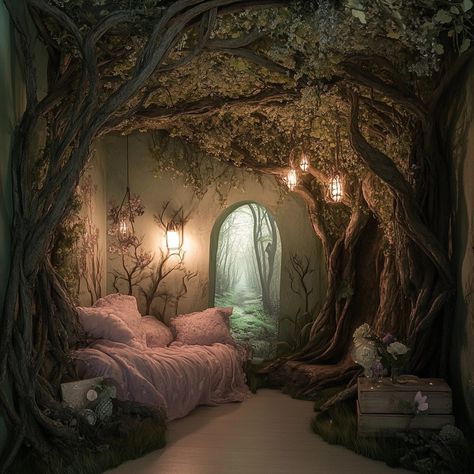 Forest Themed Furniture, Enchanted Forest Aesthetic Room, Fantasycore Room, Magical Forest Bedroom, Fantasy Themed Room, Forest Room Aesthetic, Fantasy Room Decor, Enchanted Forest Room, Enchanted Forest Mural