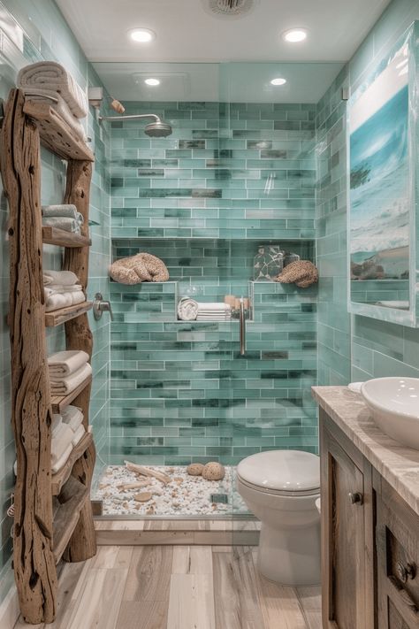 38+ Coastal Bathroom Ideas to Create Your Own Seaside Retreat Beach Blue Bathroom, Coastal Aesthetic Bathroom, Beach Cottage Style Bathroom, Restroom Theme Ideas, Beach Spa Bathroom, Driftwood Bathroom Ideas, Cute Coastal House, Diy Beach House Decor, Coastal Farmhouse Master Bath