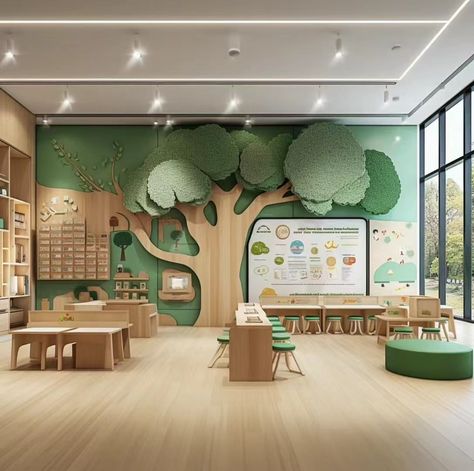 Cute Daycare Ideas, Classroom Kindergarten Design, Modern Daycare Design Exterior, Kindergarden Decoration Room, Kindergarten Reception Design, Preschool Design Interior, Kids Clinic Interior Design, Children Library Design, Preschool Interior Design