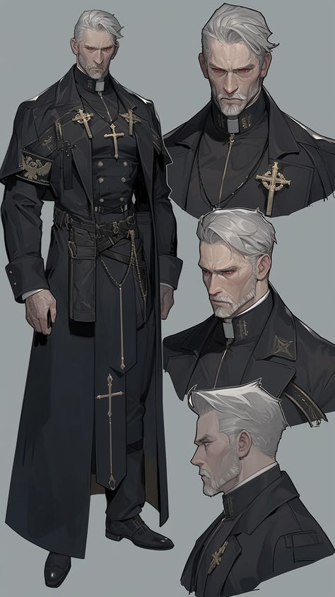 Evil Businessman Character Design, Priest Character Design Male, Priest Character Art, Cleric Character Design Male, Emperor Character Design, Business Man Character Design, Dnd Priest, Priest Drawing, Male Character Designs