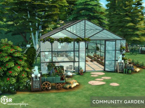 Sims Community Garden, Sims House With Greenhouse, The Sims 4 Landscaping Cc, Garden House Sims 4, Community Garden Sims 4, Sims 4 Green House Ideas, Gardening Sims 4 Cc, Sims Backyard Cc, Sims Garden House