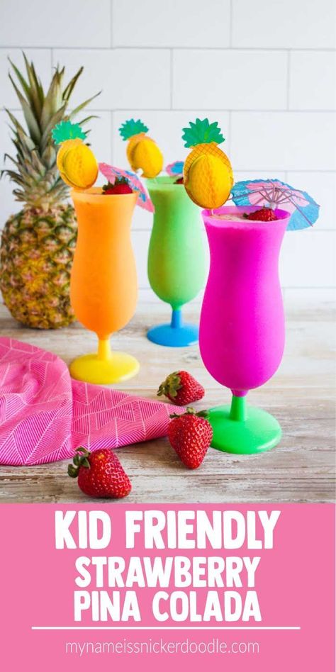 Kid Friendly Strawberry Pina Colada | Drink | Recipe | Non Alcoholic | For Summer | For Parties | Frozen mynameissnickerdoodle.com Non Alcoholic Pina Colada, Shots Non Alcoholic, Pina Colada Recipe Non Alcoholic, Pina Colada Recipes, Pina Colada Drink, Strawberry Pina Colada, Pool Side Party, Kid Drinks Recipes, Colada Drinks