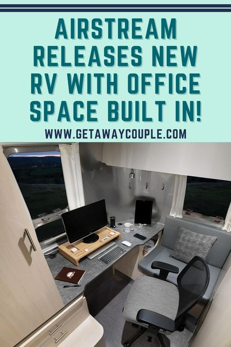 Why work from home when you can work from anywhere? Airstream offers a new RV with office space for you to work and play on the road! #Airstream #AirstreamFlyingCloud #RVwithOfficeBuiltIn #NewAirstream #RV #GetawayCouple #Getaway Camper Office, Airstream Flying Cloud Interiors, Argosy Airstream Remodel, Flying Cloud Airstream, Unique Workspace, Airstream Argosy, Airstream Rv, Airstream Interstate 19, Airstream Flying Cloud