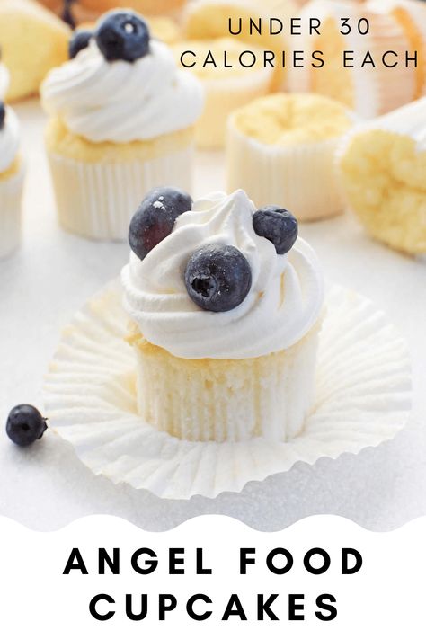 Blueberries Cupcakes, Angel Food Cake Cupcakes, Angel Food Cupcakes, Cake Mix Cupcakes, Food Cupcakes, Low Fat Snacks, Angel Food Cake Mix Recipes, Ww Desserts, Light Desserts