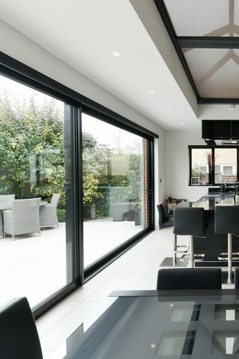 External Sliding Doors Patio, Large Black Sliding Glass Doors, Sliding Door External, Black Aluminium Sliding Doors, Aluminium Back Sliding Doors, Large Sliding Doors, Flat Roof Lights, Large Aluminium Sliding Doors, External Sliding Doors