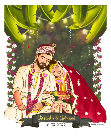 Marriage Doodle Art, Wedding Dhol Illustration, Indian Wedding Card Frame, Indian Wedding Illustration Art, Indian Wedding Doodle, Indian Bride And Groom Illustration, Indian Wedding Painting, Indian Wedding Couple Illustration, Indian Wedding Illustration