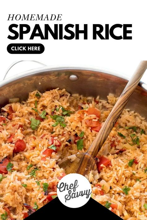 Save this Easy Homemade Spanish Rice Recipe. Learn how to make Authentic Spanish Rice also known as Mexican Rice at home! Loaded with onions, garlic, tomatoes and lots of Mexican spices. This rice tastes just like the restaurant version and is ready in less than 35 minutes. The perfect side dish to go alongside beef, chicken or fish! Follow Chef Savvy for more Side Dishes recipes and Easy One Pot Meals! Spanish Rice With Corn, How To Make Spanish Rice, Spanish Rice And Beans Recipe, Italian Rice Recipes, Spanish Style Rice, Best Spanish Rice Recipe, Homemade Spanish Rice, Spanish Rice Recipe Easy, Spanish Rice Easy