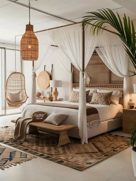 Canopy Bed Mosquito Net, Canopy Bedroom Design, Cozy Hotel Room, Bali Bedroom, Bedroom Furniture Inspiration, Whimsical Bedroom, Dream Bedroom Inspiration, Boho Bedroom Design, Canopy Bedroom