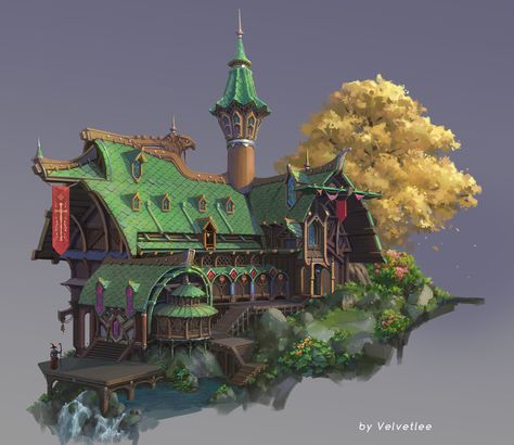 Fantasy Building Concept Art, Building Concept Art, Fantasy House Concept, Concept Art House, Cabin In The Forest, Mountains And Water, Concept Art Design, Environment Sketch, Lobby Ideas